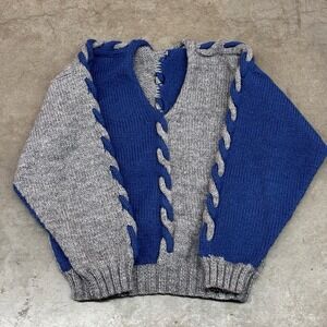 Vintage Blue Grey Hand Knit Sweater Chunky Knit Pullover Oversized Men's Large
